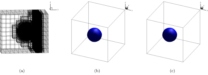 Figure 10.Mesh (a), density iso-surface (b) and interface iso-surface (c) at time t=3e-4s
