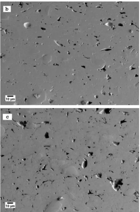 Figure 4. Cross-sectional SEM micrographs of as-sprayed alumina coatings indicating the coating porosity and cracks deposited with: a) fine-powder, b) medium-powder, and c) coarse-powder