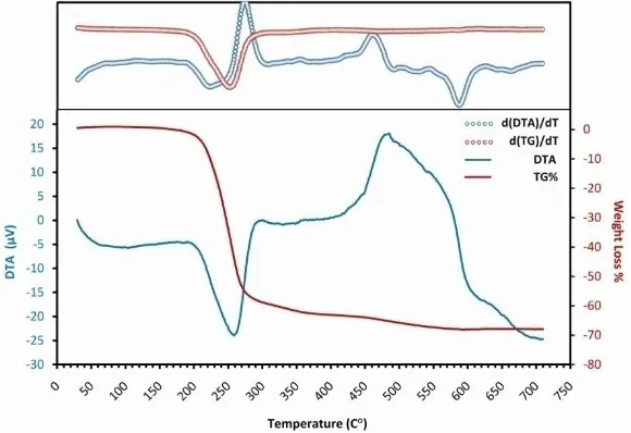 Figure 2. The TG-DTA graph of the dried gel. The derivatives are plotted in the upper part