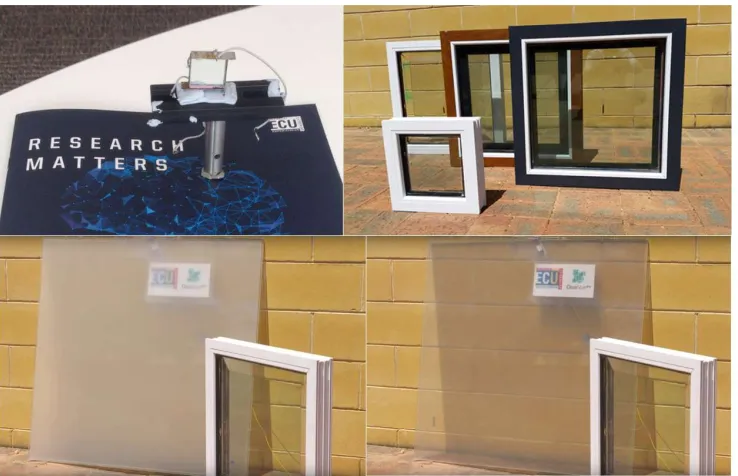 Figure 6. Solar window prototypes and demonstration experiments aimed at the visualisation of energy generation and use conducted at Edith Cowan University (ECU), Joondalup Campus (Perth, Australia), in 2016
