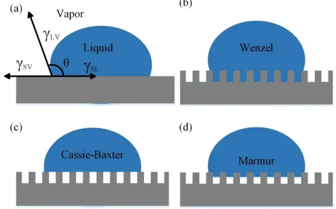 Fig. 5 Schematic representation of a water droplet on smooth and rough surfaces (a) Young’s equation, (b) Wenzel state, (c) Cassie-Baxter state and (d) Marmur state