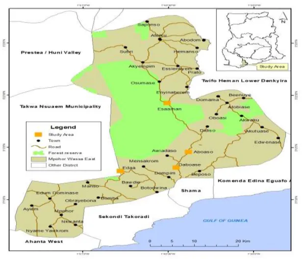 Figure 1: Map of Western Region of Ghana showing the study sites