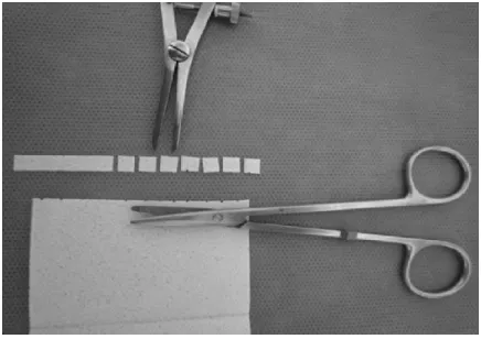 Figure 3 Fragmentation method for polyvinyl alcohol fluid wick.Note: Pieces of 4×4 mm were obtained by end marks made with a compass.