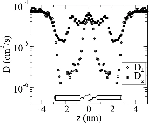 Figure 4: Diffusion coefﬁcients of water as a function of distance from the bilayermidplane for hydrated CER bilayer at 350K