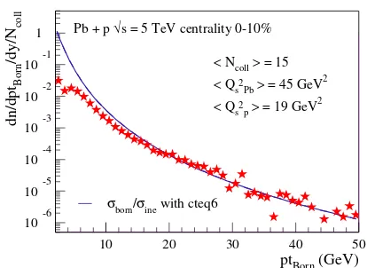 Figure 3. Born parton pt distribution normalized by the Glaubernumber of binary collisions from pPb collisions at 5.02 TeV forthe 0-10% centrality bin