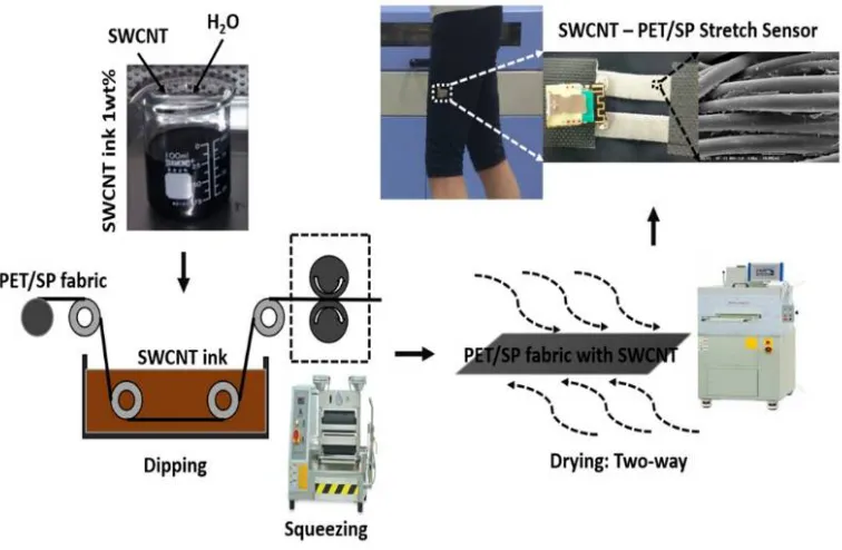 Figure 1. Summary of fabrication process and application of SWCNT stretch sensors 