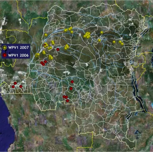 Figure 1Mapping wild polio virus cases in DRCMapping wild polio virus cases in DRC. The 40 cases of wild polio virus identified in DRC from January to December 2007 are depicted here