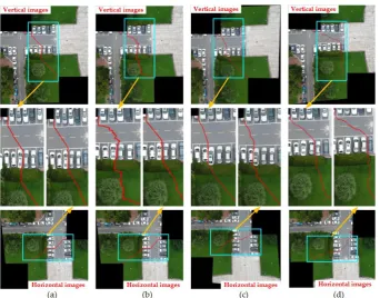 Figure 13. The seam-lines of four search methods for Figure 7(a): (a) Dulapquet3-DP; (b) Dulapquet4-DP; (c) OpenCV-DP; (d) Our-Flow-DP