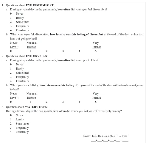 Figure 3 The DEQ-5 (5-item Dry Eye Questionnaire), which is designed for patient self-assessment of dry eye severity on a typical day during the past month.Notes: A composite score .6 suggests dry eye