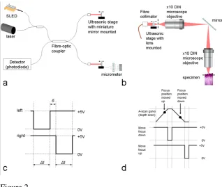 Figure 2 (a) the OCT setup, (b) the dynamic focusing arrangement, (c) shows the drive 