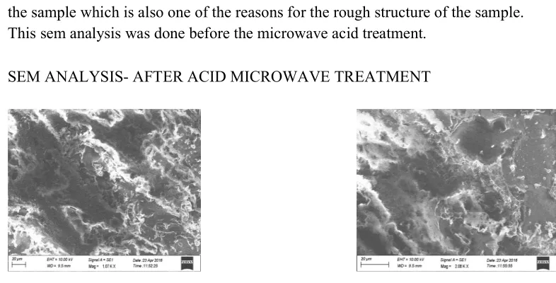 Figure 4 - SEM analysis after microwave treatment of the powdered sample, at different magnifications; Low mangnification (Left image), High Magnification (Right image ) 