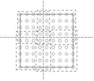 Fig. 2. Partition of a (9 × 9) coarse grid solution domain across 4 processors. Thesolid line denote the domain boundary; dash lines indicate the subdomains whichare split as closely as possible into equally divisible rectangular blocks based on thetotal number of processors used.