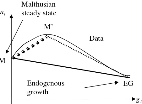 Figure 6: Phase diagram for the fertility rate and income growth 