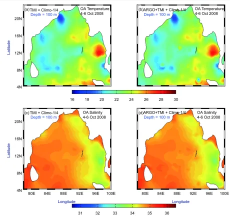 Figure 5. The model initial field of temperature for the month of October 2008 at the depth of 100 m derived from OA fields is shown for (a) Exp-2 and (b) Exp-3