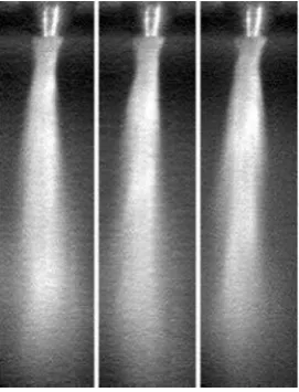 Figure 8 shows a set of consecutive images taken fromthe initial analogue run. It is apparent that in this caseatomisation takes place in a non-ﬁlming manner, as themelt is seen directly exiting the 2 mm melt tube exit.Fourier analysis of the images indicates that this run hasvery little pulsing behaviour and there is also noprecession of the melt plume.