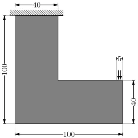 Figure 2.19: Gray design domain, loads and boundary conditions.. All dimensions are in mm.