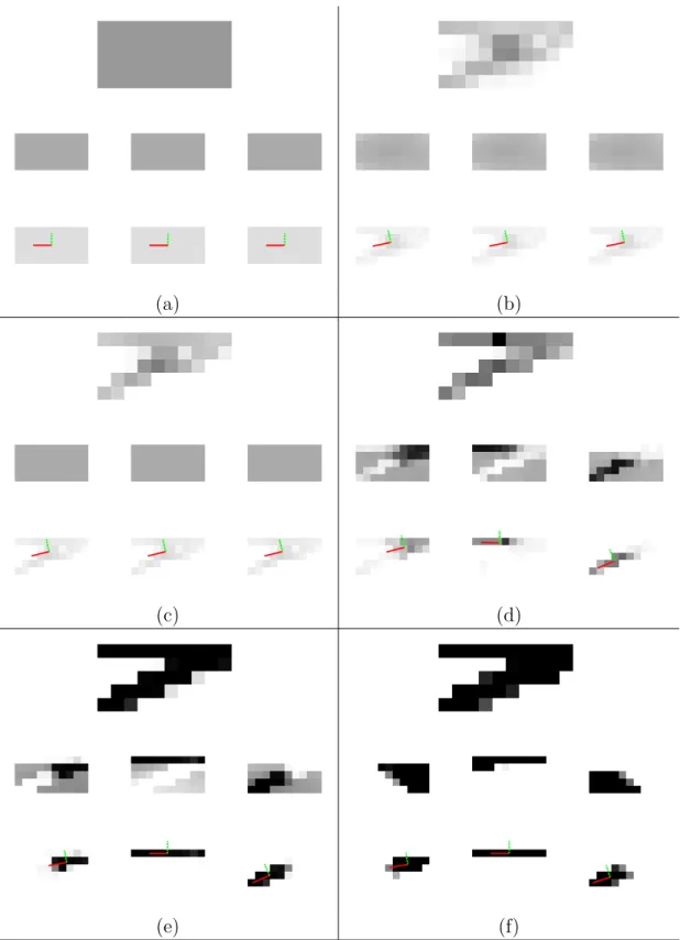 Figure 3.6: Optimization iterative details for the cantilever example at (a) iteration 1; (b) iteration 5; (c) iteration 10; (d) iteration 15; (e) iteration 30; and (f) iteration 74.