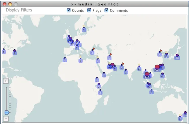 Fig. 1. The triple-store displayed on a world map - dots, flags and notes add meaning
