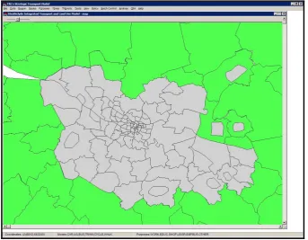 Figure 7: The Graphical User Interface of the 233 zone STM (the large grey area is the Glasgow conurbation) The case study succeeded in creating a functioning mode chain model within a 
