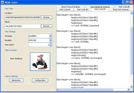 Figure 1:  JWalkTester performing an algebraic exploration of a Stack class to depth 3 