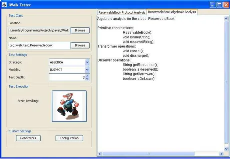Figure 2:  JWalkTester analyzing the algebraic properties of a ReservableBook class 