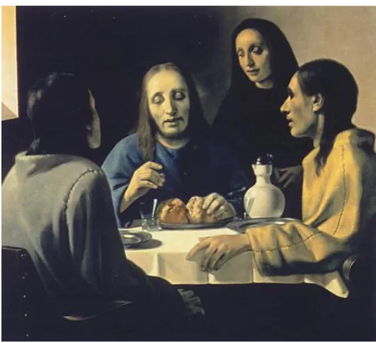 Figure 11 Van Meegeren’s forgery The disciples at Emmaus. The “pointille” on the bread is similar to that on the bread in Vermeer’s Milkmaid, however, this part of the image would have been in focus if a camera obscura had been used
