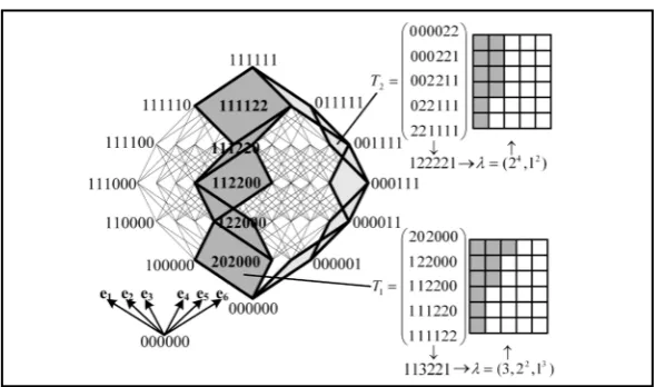 Figure 1. 2-paths (T1, T2) are drawn onto flat projection of 2-skeletone of 6-cube.  