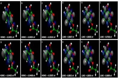 Figure 3. Molecular Electrostatic Potential Map of aspirin in different basis sets (A – HF/3-21 G*, B – HF/3- 21G**, C – HF/6-31G, D – HF 6-31G*, E – HF 6-31G**, F – HF 6-311G)