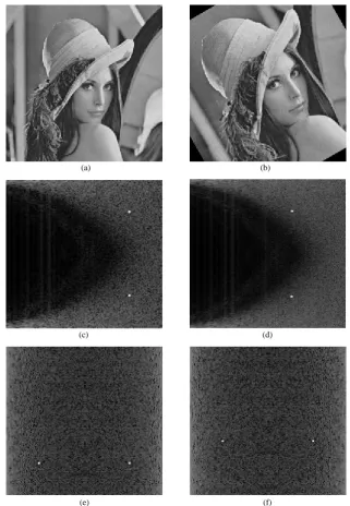 Figure 5. (a) is a template embedded image, (d) is a distorted version of (a), and transformed domain of (a) and (d)