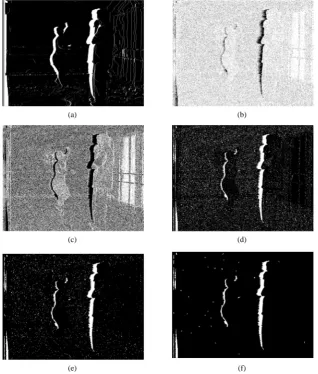 Figure 4. Image results for 3D warping trace estimation process.image; (b) Horizontal derivative filtering; (c) Thresholding; (d) Dilation & complement;  (a) Holes in left-eye (e) Median filtering; (f) Small area removal