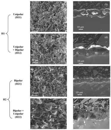 Figure 8. (i) Morphology of oxide coatings on an Mg AM60B alloy using secondary electron mode (SE); (ii) SEM micrographs of polished sections of coatings using secondary electron mode (SE) and for: (a, b) unipolar H11, (c, d) hybrid1 (uni + bipolar), (e, f
