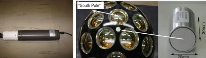 Figure 1. Left: An acoustic beacon of KM3NeT, produced by the MSM company (Spain) in the configuration of autonomous beacon functionality