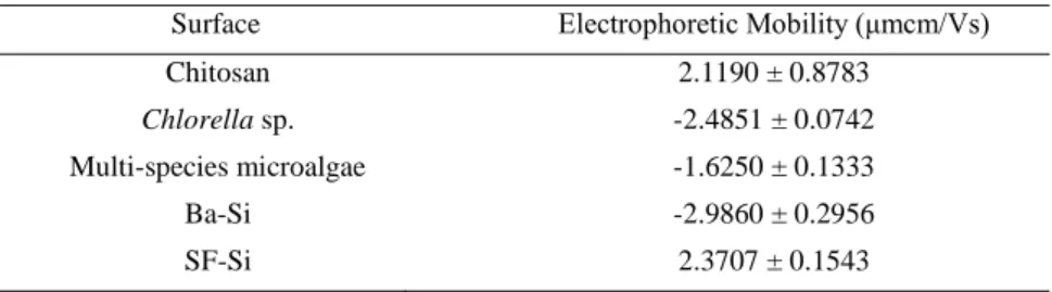 Table 1. Electrophoretic mobility of different surfaces  Surface  Electrophoretic Mobility (μmcm/Vs) 