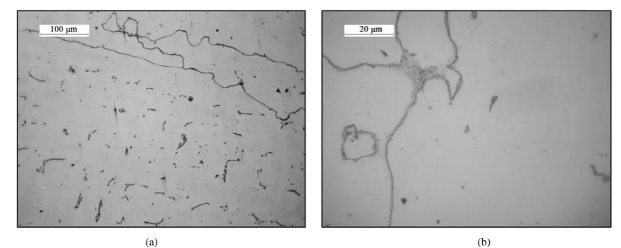 Figure 1. Microstructure of as-cast alloy tube: (a) OM image at low magnification (200×) and (b) OM image at high magni- fication (1000×)