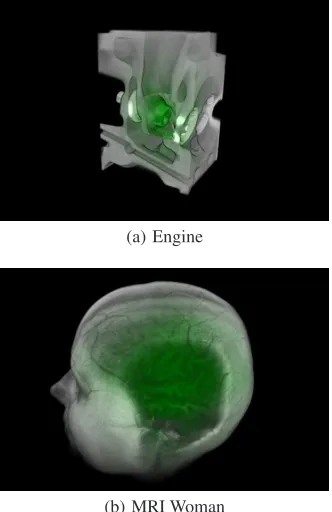 Figure 6: Wider applicability of the framework: in (a) the en-gine part is both highlighted and enlarged by the volume lens;in (b) the attenuation effect works similarly to a cutting plane.