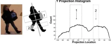 Fig. 2. For each foreground segmentation, the principal axis is found and is constrainedhistogram [Freq = 21] and for regions 1 [Freq = 11] and 2 [Freq = 21]