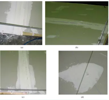 Figure 6. UGL specimen failure modes. (a) UGL edge tearout; (b) Relative movement of drywall; (c) UGL horizontal joint crack; (d) UGL screw attachment