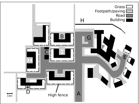 Figure 2: A map of the estate. The estate had an entranceroad in the middle (point A), which acted as a dividing linebetween two styles of building