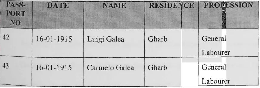 Table 1 lists these Gozitans, who applied for a passport in Valletta in 1915 