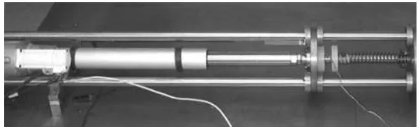 Fig. 6. Experimental Equipment. The hardware component (spring) lies to the right, thetransfer system (actuator) is the linear electro-mechanical transducer at the left.