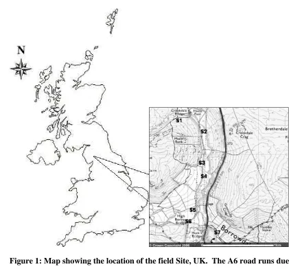 Figure 1: Map showing the location of the field Site, UK.  The A6 road runs due 