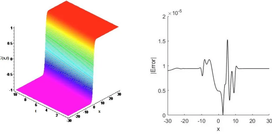 Figure 2: Traveling wave simulation and the maximum error distribution at t = 10