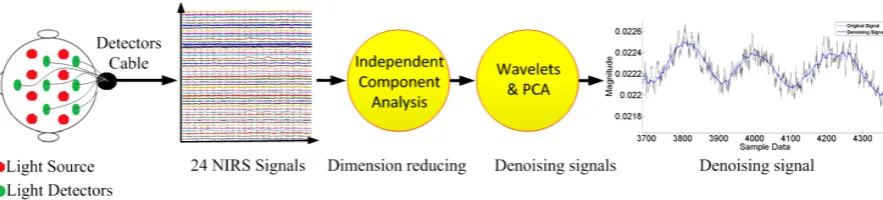 Figure 3. Schematic of the NIRS data analysis, The NIRS data from detectors, then 24 signals, is reduced by ICA method and after which de-noising by wavelets and principal component analysis occurs
