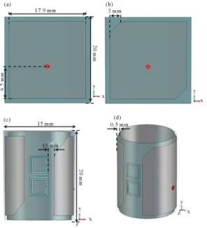 Figure 2. Antenna array geometry: (a) and (b) patch geometry, (c) and (d) front and perspective views of the antenna array