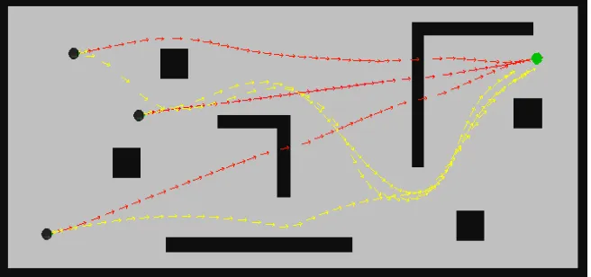 Fig. 4.An experimental result shows the planned trajectories resulted from the original STEAP (red) and our extended version (yellow) in a complicatedand unstructured environment
