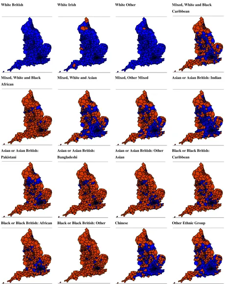 Figure 4: Maps of the LAs with small numbers (two shades, blue=large numbers, red=small numbers),females