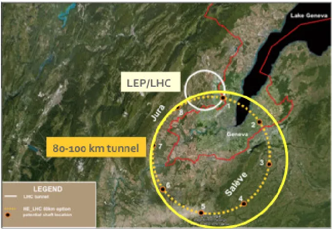Figure 1. The 80 km tunnel (dashed circle) and the 100 km version (full line) that would host the TLEPand VHE-LHC in the Geneva area