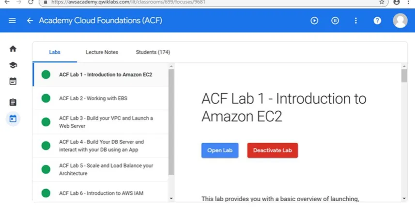 Figure 2. AWS Academy Cloud Foundations Virtual Labs for QMUL Lecturers and Students [8]