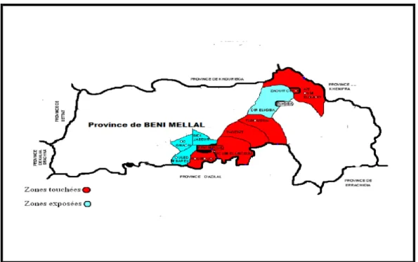 Fig. 2.  Répartition de la leishmaniose cutanée à la province de Beni Mellal en 2012 [33]