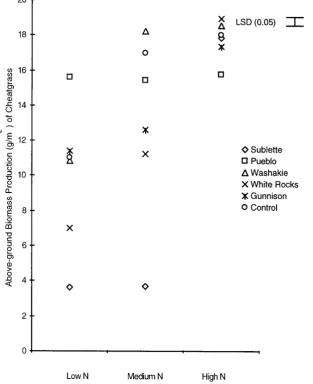 Figure 1. Above-ground biomass production (g∙m−2) of cheatgrass when grown alone (Control) or with 5 squirreltail accessions in a Low, Medium and High nitrogen treatment in 1996